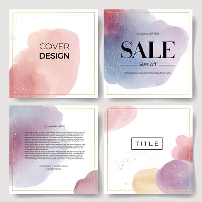 Watercolor templates with text. Hand drawn abstract backgrounds. Modern frames with watercolor stains