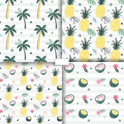Seamless patterns with coconuts, fruits, pineapple, palm trees. Sketch drawing style. Doodle tropical backckgrounds.