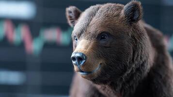 A bear is looking at the camera in front of a stock chart photo