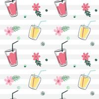 Seamless pattern with coctails and flowers. Sketch, line art drawing style. Doodle tropical backckgrounds. vector