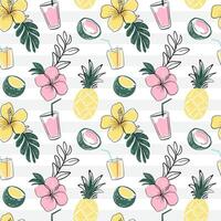 Seamless pattern with coconut, drinks, pineapple. Doodle tropical backckgrounds. Sketch, line art drawing style. vector