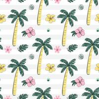 Seamless pattern with tropical flowers and palm trees with black outline. Sketch, line art drawing style. Tropical backckground. vector