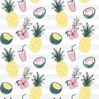 Seamless pattern with coconuts, drinks, pineapples. Doodle tropical backckgrounds. Sketch, line art drawing style. vector