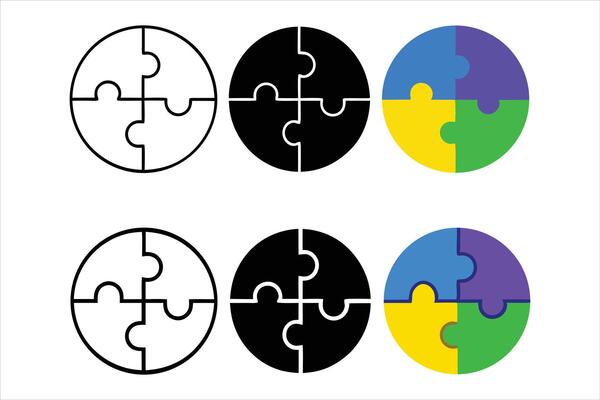 Circular Puzzle Pieces in Black, White, and Colorful Designs