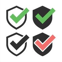 Secure Shield Icons with Green and Red Checkmarks in Black and White Designs vector