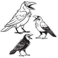 three black and white drawings of crows vector