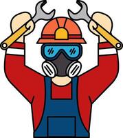 flat icon of The welder is wearing a protective mask holding a wrench vector