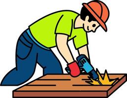flat icon of A mechanic is using a drill to drill into wood vector