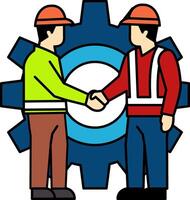 flat icon of Two technicians are shaking hands in front of a gear vector