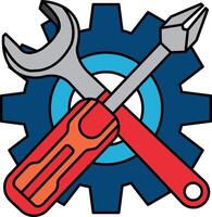 flat icon of Screwdriver wrench and gear behind vector