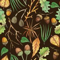 Seamless watercolor pattern. Tree branches, nuts, acorns, green leaves, berries, forest plants, all objects are hand-drawn with watercolor. Suitable for printing on fabric, home textiles, design vector