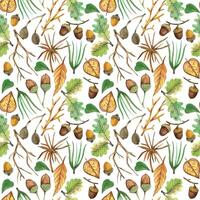 Seamless watercolor pattern. Tree branches, nuts, acorns, green leaves, berries, forest plants, all objects are painted with watercolor. For printing on fabric, home textiles, kitchen textiles vector