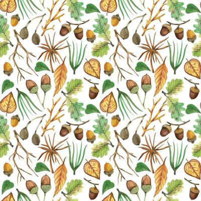 Seamless watercolor pattern. Tree branches, nuts, acorns, green leaves, berries, forest plants, all objects are painted with watercolor. For printing on fabric, home textiles, kitchen textiles