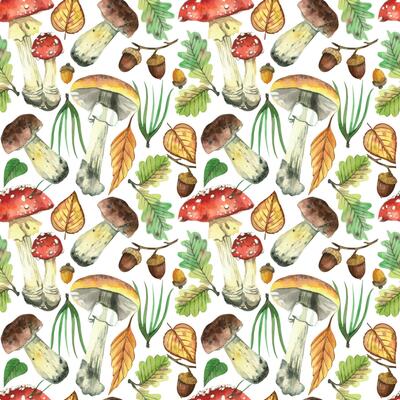 Seamless watercolor pattern, forest mushrooms, acorns, leaves, tree branches, berries, fly agarics. All objects are hand-drawn with watercolors. For printing on fabric, stationery covers, design