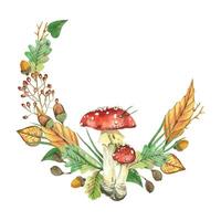 Watercolor wreath of autumn leaves, acorns, oak leaves, red fly agaric and tree branches. All objects are hand-painted with watercolors. Suitable for printing on fabric, paper, for postcard decoration vector