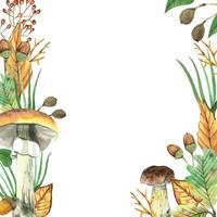 Watercolor frame on a forest theme made of mushrooms, tree leaves, acorns, wild berries. All objects are hand-drawn with watercolors. For printing on postcards, invitations, magazines, stationery vector
