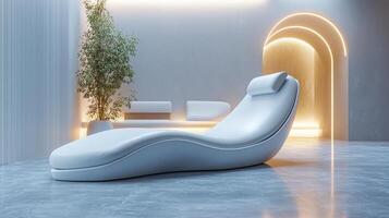modern lounge chair in minimalist interior space, featuring soft lighting and serene atmosphere. sleek design and calming colors create relaxing environment, perfect for unwinding photo