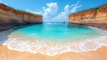 stunning coastal scene featuring serene beach with turquoise waters, golden sand, and dramatic cliffs bright blue sky filled with fluffy clouds. tranquil atmosphere invites relaxation photo