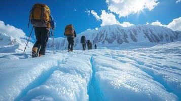 Travelers with backpacks trekking across icy glacier under bright blue sky, showcasing beauty of nature and spirit of adventure photo