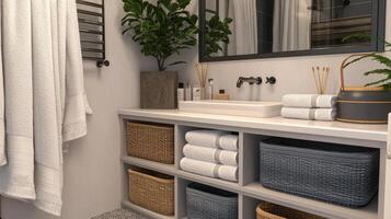 modern small bathroom featuring neatly arranged towels, stylish storage baskets, and touch of greenery. serene atmosphere is enhanced by elegant decor and organized layout photo