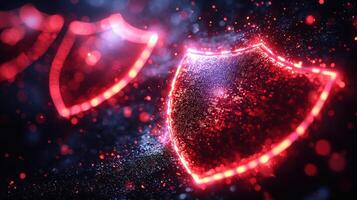 Digital shields represent cybersecurity in vibrant and dynamic way, showcasing importance of protection in digital realm. glowing effects emphasize security and safety photo
