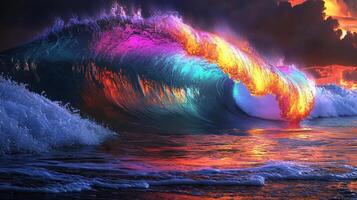 vibrant wave crashes against shore, illuminated by stunning colors reflecting sunset. scene captures beauty of nature, evoking sense of wonder and tranquility photo