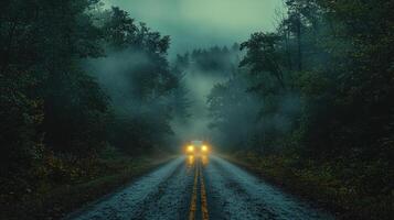 misty forest road illuminated by headlights creates mysterious atmosphere, inviting adventure and exploration. surrounding trees and fog enhance sense of tranquility and wonder photo