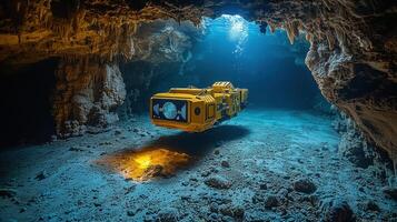 Exploring depths of ocean, yellow submarine glides through underwater cave illuminated by soft light, revealing stunning rock formations and mysterious beauty of marine life. scene evokes sense photo