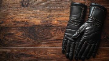 Stylish leather gloves are placed on wooden surface, showcasing their elegant design and craftsmanship. These mockups highlight quality and detail of product, perfect for fashion enthusiasts photo