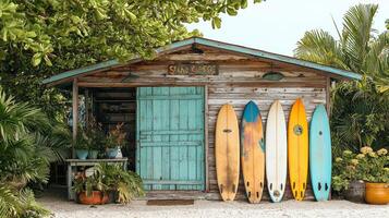 charming beach hut surrounded by lush greenery features colorful surfboards lined up outside. This inviting scene captures essence of beach vacations and joy of surfing photo