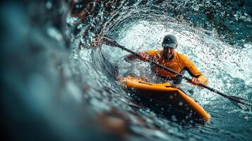 Dynamic kayaking action captured in thrilling moment, showcasing person in orange wetsuit paddling through powerful wave, creating splashes and excitement photo
