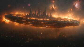 futuristic cityscape floats space, surrounded by vibrant cosmic colors and fiery elements, creating sense of awe and wonder. design features sleek architecture and glowing atmosphere photo