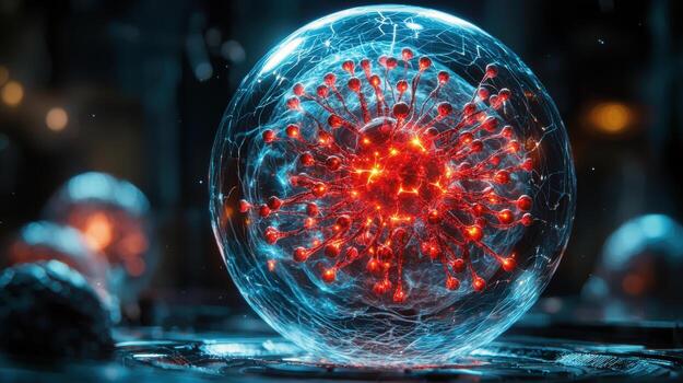 vibrant, glowing sphere representing virus, surrounded by intricate patterns and futuristic background. image conveys sense of scientific exploration and innovation photo
