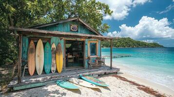 charming beach house stands by turquoise waters, surrounded by lush greenery, perfect for vacations. Surfboards lean against vibrant wooden structure, inviting adventure and relaxation photo