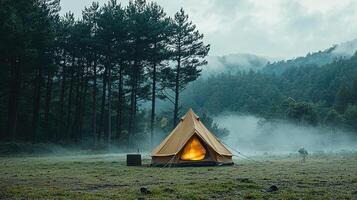 serene camping scene features cozy tent glowing warmly amidst misty forest. tall trees surround campsite, creating peaceful atmosphere perfect for outdoor adventures photo