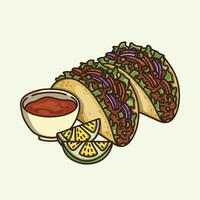 Delicious tacos with beef, onions and lettuce, next to lemon and red sauce for seasoning vector