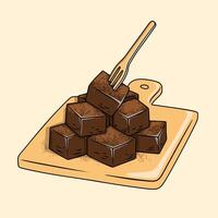 Stack of square chocolate truffles coated with cocoa powder on a wooden cutting board vector