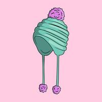 Turquoise knitted hat with purple pom poms on top and string on both sides vector