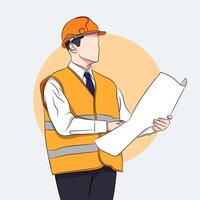 Male architect developer reviewing building plans at construction site using papers vector