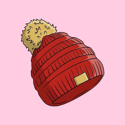 Red knit beanie with brown pom poms on the top