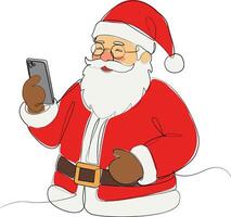 santa claus with smartphone in one line drawing style, colorful minimalist christmas character illustration isolated on white for modern festive design and ads vector