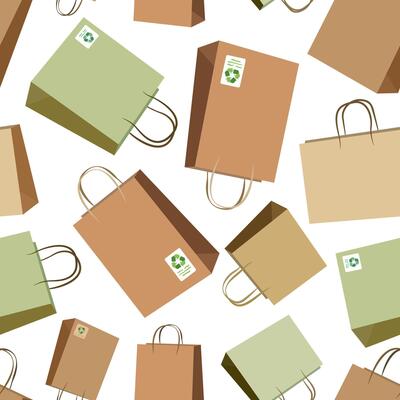 seamless pattern with recycled eco shopping bags on white background, kraft paper packaging design for sustainable branding, retail, and green lifestyle