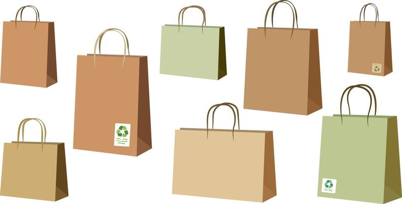 pastel set shopping bags - isolated eco-friendly paper bags with recycling symbol. stylish objects for retail and sustainable shopping concepts