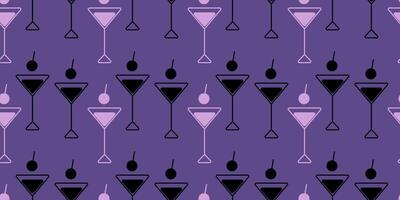 Abstract Martini glasses Icon Seamless Pattern Pink and Dark on violet Background Bartender Day fond. Isolated Graphic design Print materials, banner, poster, bar wallpaper, menu cards, leaflet vector