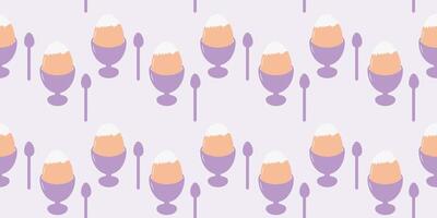 Boiled egg in egg cup Seamless Pattern in trendy Lavender. World Egg Day Background Texture concept. Isolated illustration Wallpaper Wrapping Culinary Menu Cards or web promo banner, leaflets vector