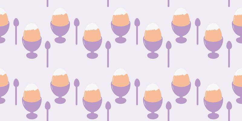 Boiled egg in egg cup Seamless Pattern in trendy Lavender. World Egg Day Background Texture concept. Isolated illustration Wallpaper Wrapping Culinary Menu Cards or web promo banner, leaflets