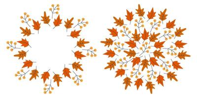 Autumn leaves and Twigs Circular Frame border and Background Texture Copy space Template idea Set. Isolated illustration Greeting Invitations cards, label or web promo banner, leaflets, price vector