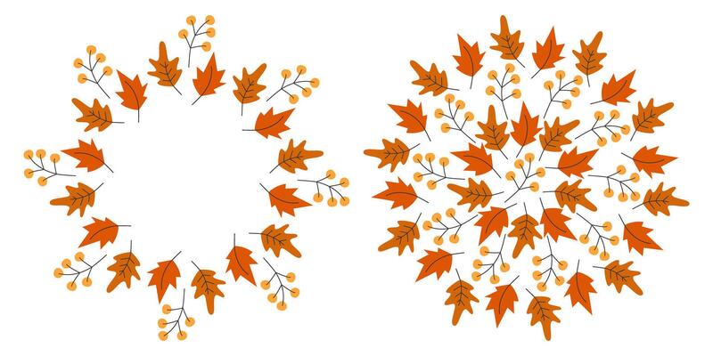 Autumn leaves and Twigs Circular Frame border and Background Texture Copy space Template idea Set. Isolated illustration Greeting Invitations cards, label or web promo banner, leaflets, price