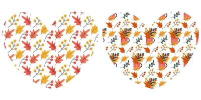 Maple Oak Leaves Twigs Berry in cup Heart Shape Autumn Patterns in trendy Fall shades Background Set. Isolated illustration Thematic Greeting Invitation Card, leaflet, label or web promo banner vector