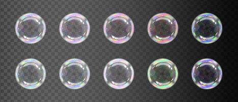 Soap bubbles balls set of rainbow color, Color spectrum effect transparent sphere, illustration realism vector